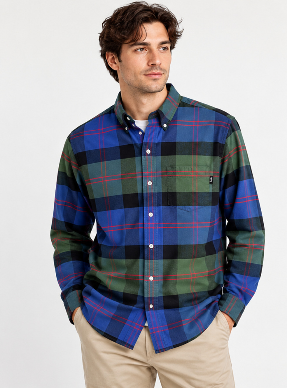 Stussy Classic Oxford Plaid Print Button Up Shirt Sz M Cotton Long Sleeve Preppy